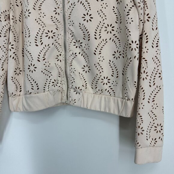 3/$25 Dex Faux Suede Bomber Jacket S Eyelet Floral Laser Cut Out Zip Up Beige - Picture 7 of 9